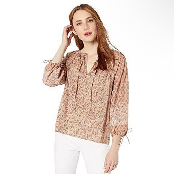 Lucky Brand Printed Vivienne Top- Tan Multi- Size Medium- NWT - Picture 1 of 10